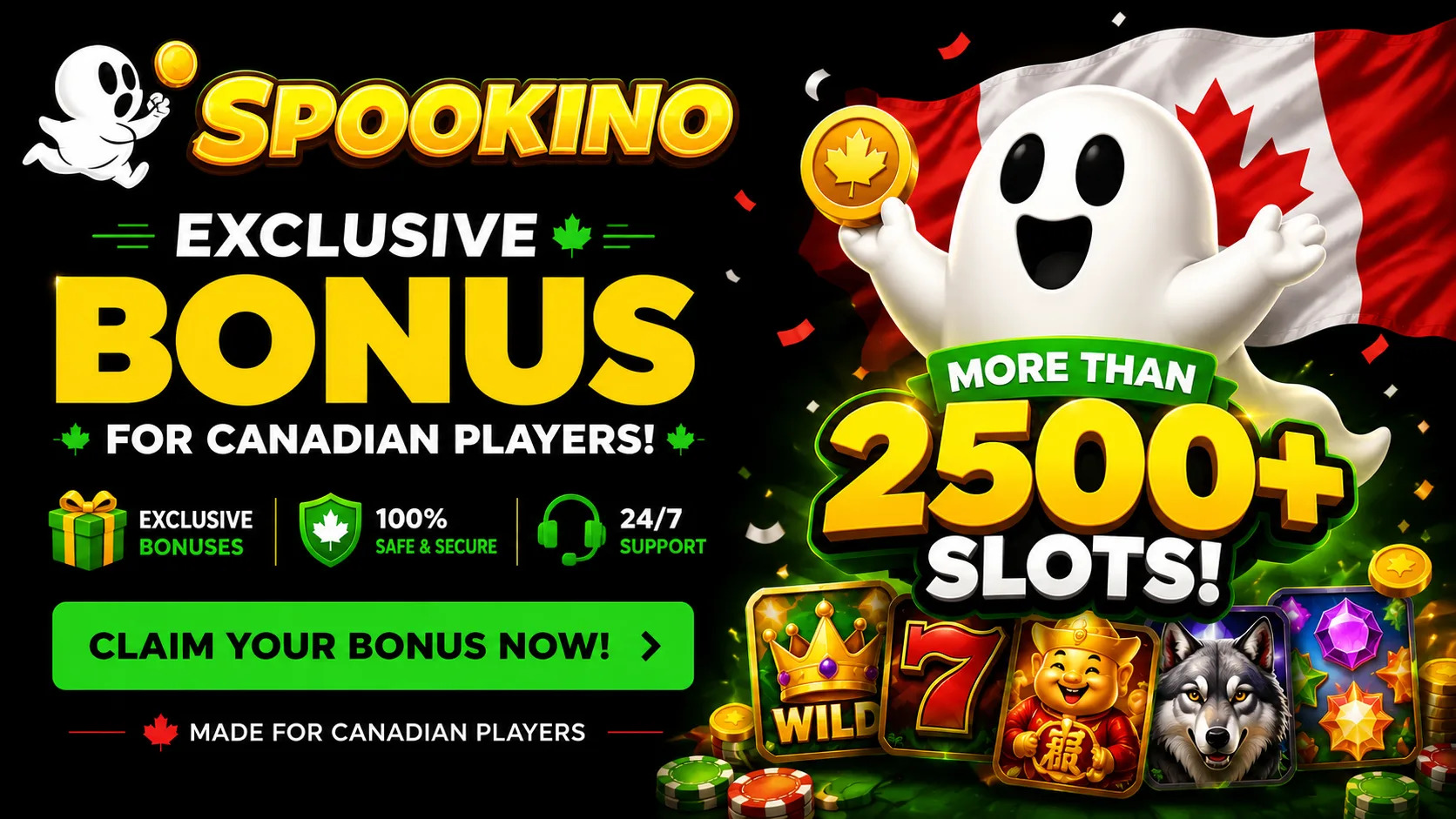 Spookino Casino — bonus de bienvenue de 100 % jusqu'à 750 $ CA plus 200 tours gratuits